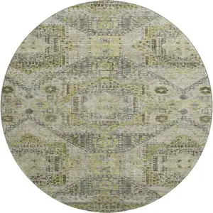 Photo of 8' Khaki Beige And Gray Abstract Geometric Washable Round Rug With UV Protection