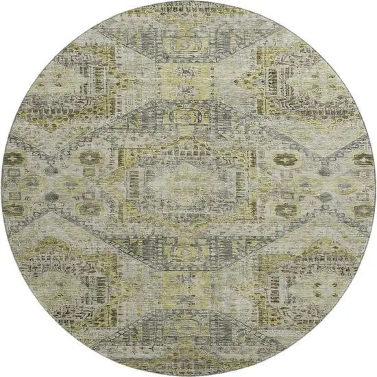 8' Khaki Beige And Gray Abstract Geometric Washable Round Rug With UV Protection Photo 1
