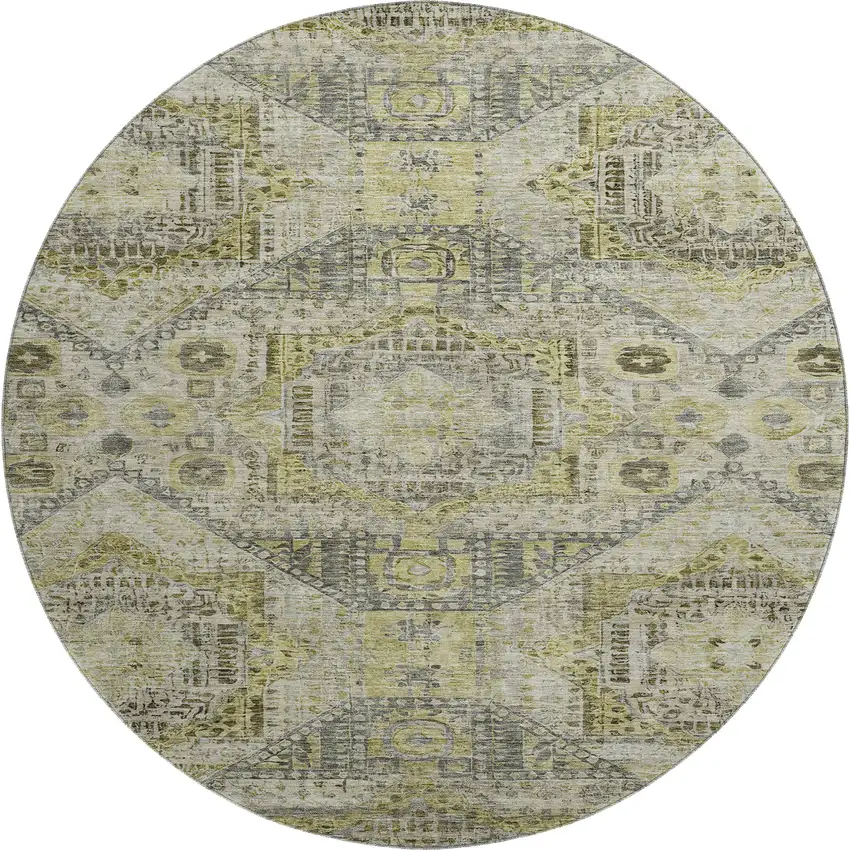 8' Khaki Beige And Gray Abstract Geometric Washable Round Rug With UV Protection Photo 1