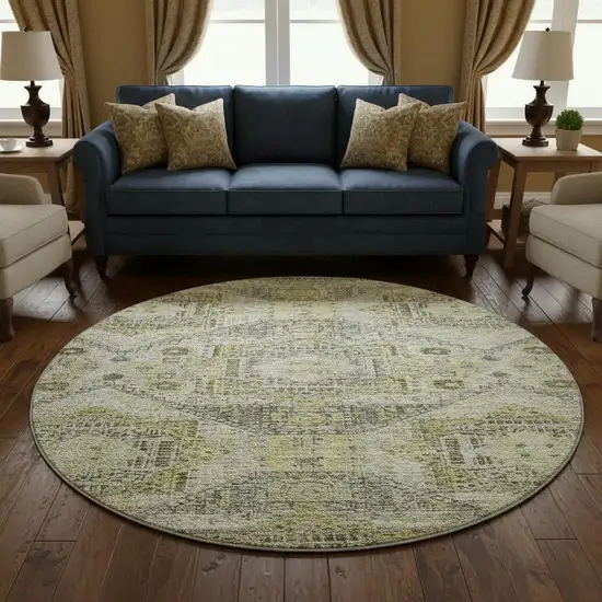 8' Khaki Beige And Gray Abstract Geometric Washable Round Rug With UV Protection Photo 2