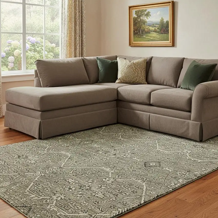 8' Khaki Beige And Gray Floral Washable Area Rug With UV Protection Photo 2