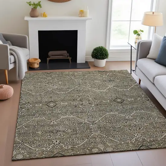 8' Khaki Beige And Gray Floral Washable Area Rug With UV Protection Photo 4