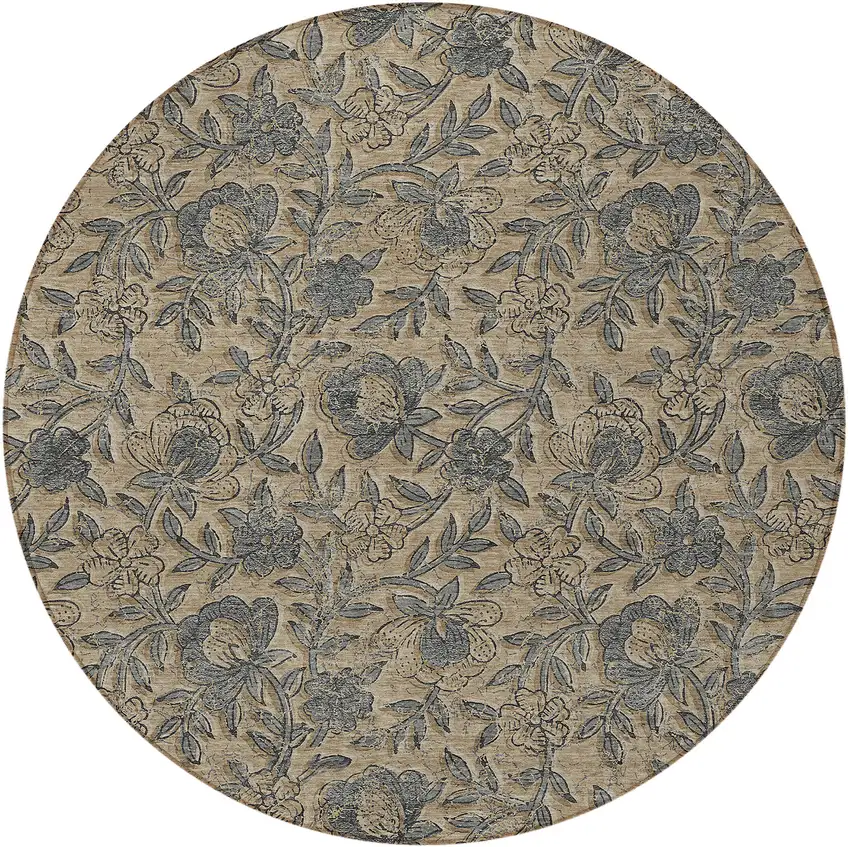 8' Khaki Beige And Gray Round Floral Washable Indoor Outdoor Area Rug Photo 5