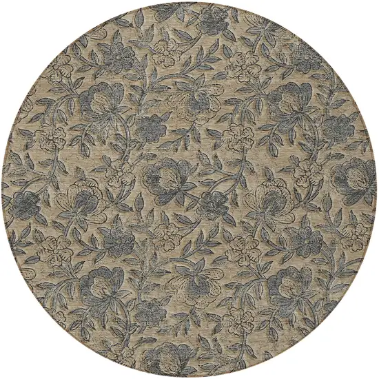 8' Khaki Beige And Gray Round Floral Washable Indoor Outdoor Area Rug Photo 5