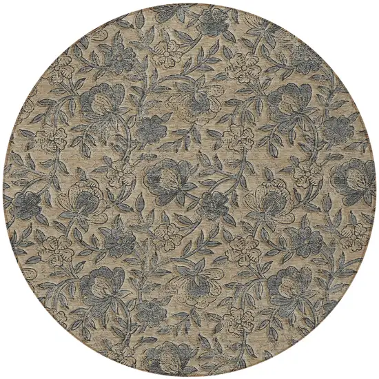 8' Khaki Beige And Gray Round Floral Washable Indoor Outdoor Area Rug Photo 5