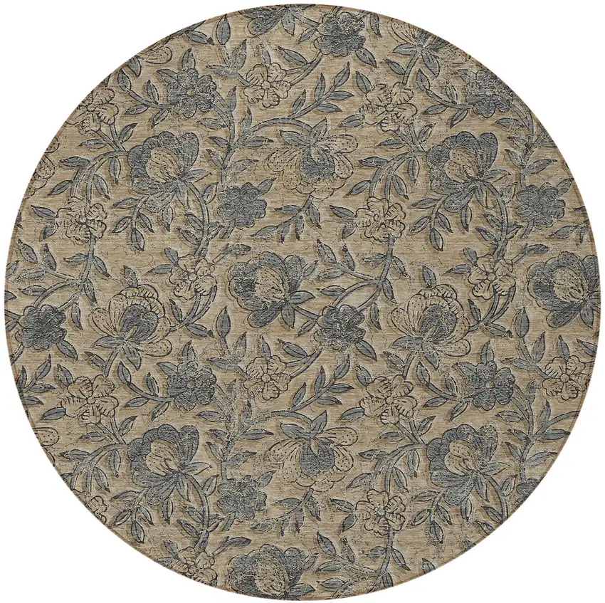 8' Khaki Beige And Gray Round Floral Washable Indoor Outdoor Area Rug Photo 5