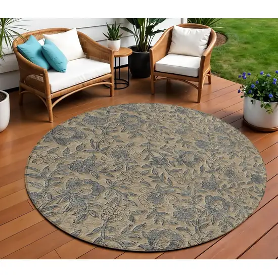 8' Khaki Beige And Gray Round Floral Washable Indoor Outdoor Area Rug Photo 1