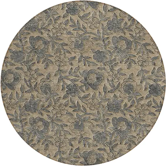 8' Khaki Beige And Gray Round Floral Washable Indoor Outdoor Area Rug Photo 1