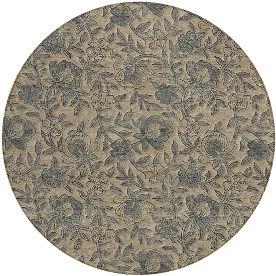 8' Khaki Beige And Gray Round Floral Washable Indoor Outdoor Area Rug Photo 1