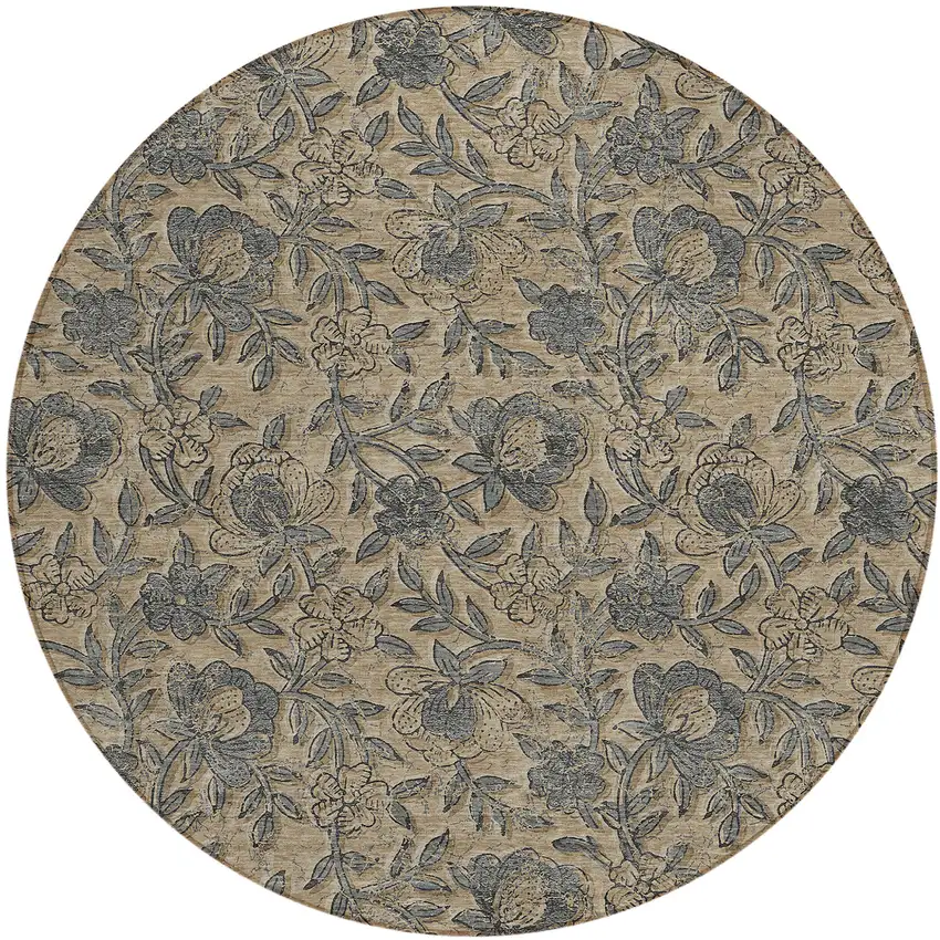 8' Khaki Beige And Gray Round Floral Washable Indoor Outdoor Area Rug Photo 1