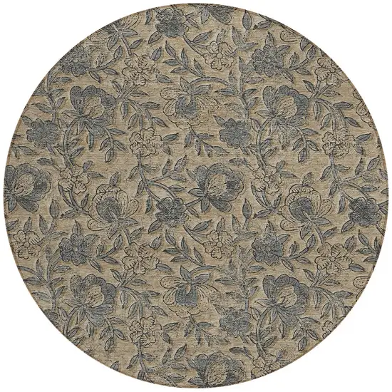 8' Khaki Beige And Gray Round Floral Washable Indoor Outdoor Area Rug Photo 4
