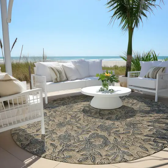 8' Khaki Beige And Gray Round Floral Washable Indoor Outdoor Area Rug Photo 6
