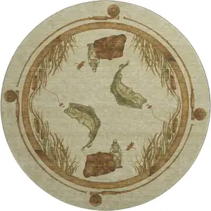 Photo of 8' Khaki Beige And Green Nautical Washable Round Rug With UV Protection