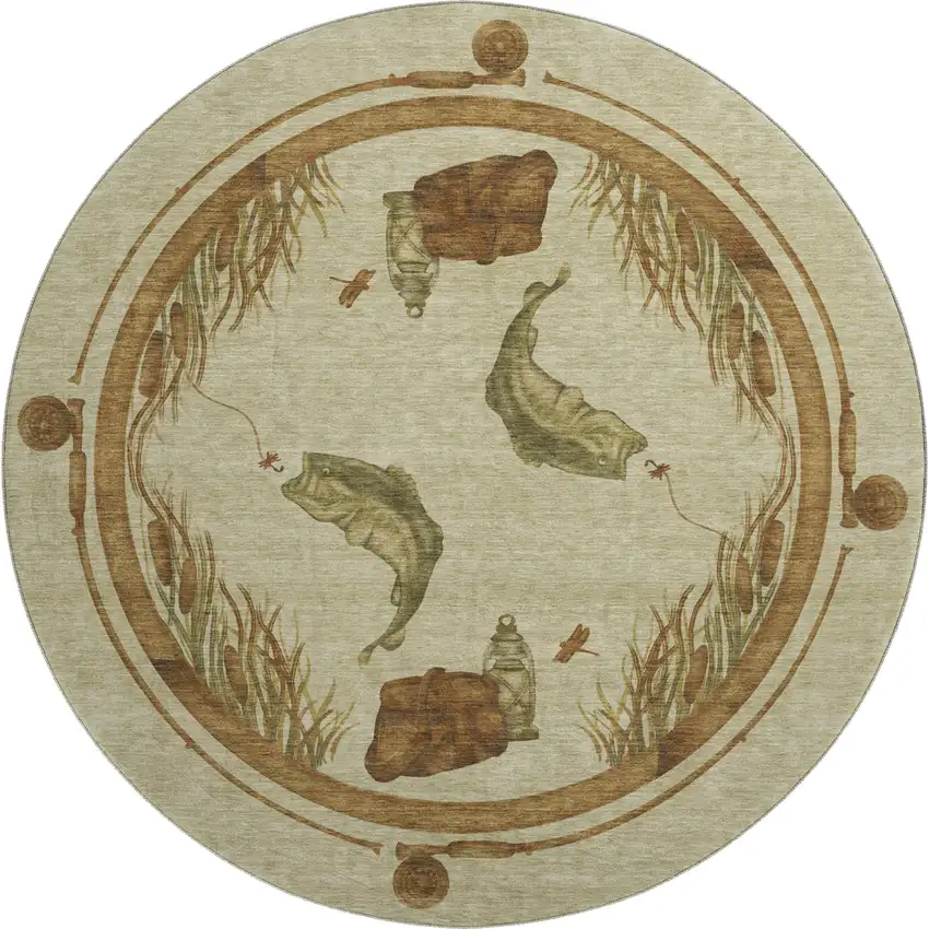 8' Khaki Beige And Green Nautical Washable Round Rug With UV Protection Photo 2