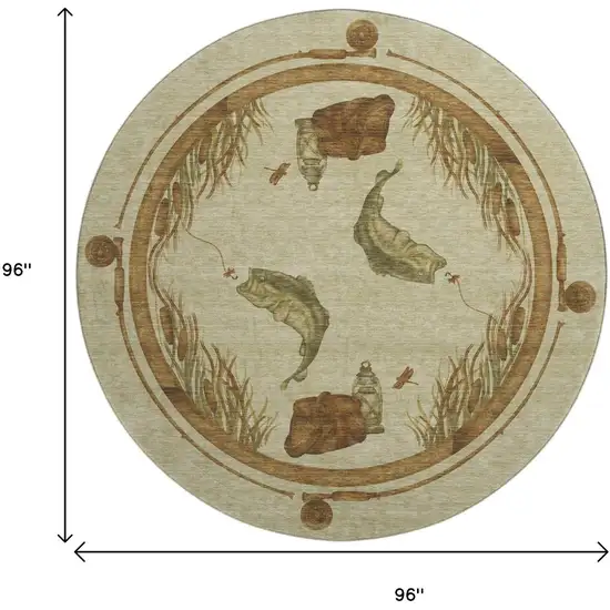 8' Khaki Beige And Green Nautical Washable Round Rug With UV Protection Photo 3