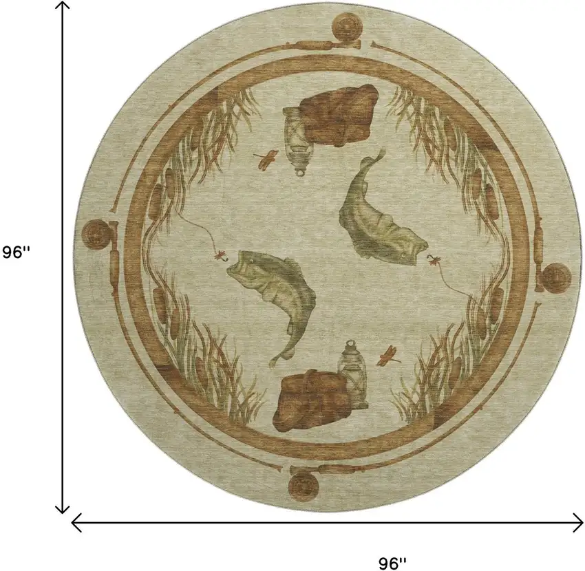 8' Khaki Beige And Green Nautical Washable Round Rug With UV Protection Photo 3