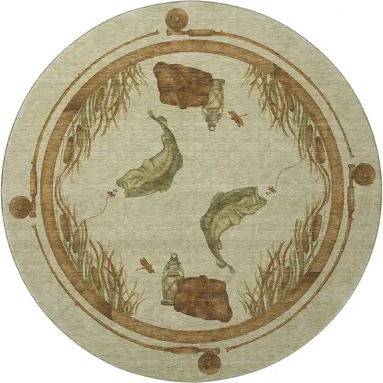 8' Khaki Beige And Green Nautical Washable Round Rug With UV Protection Photo 4