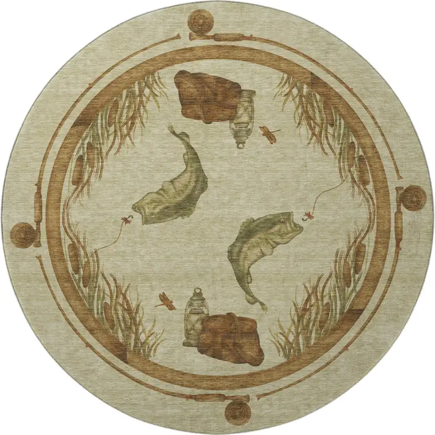 8' Khaki Beige And Green Nautical Washable Round Rug With UV Protection Photo 4