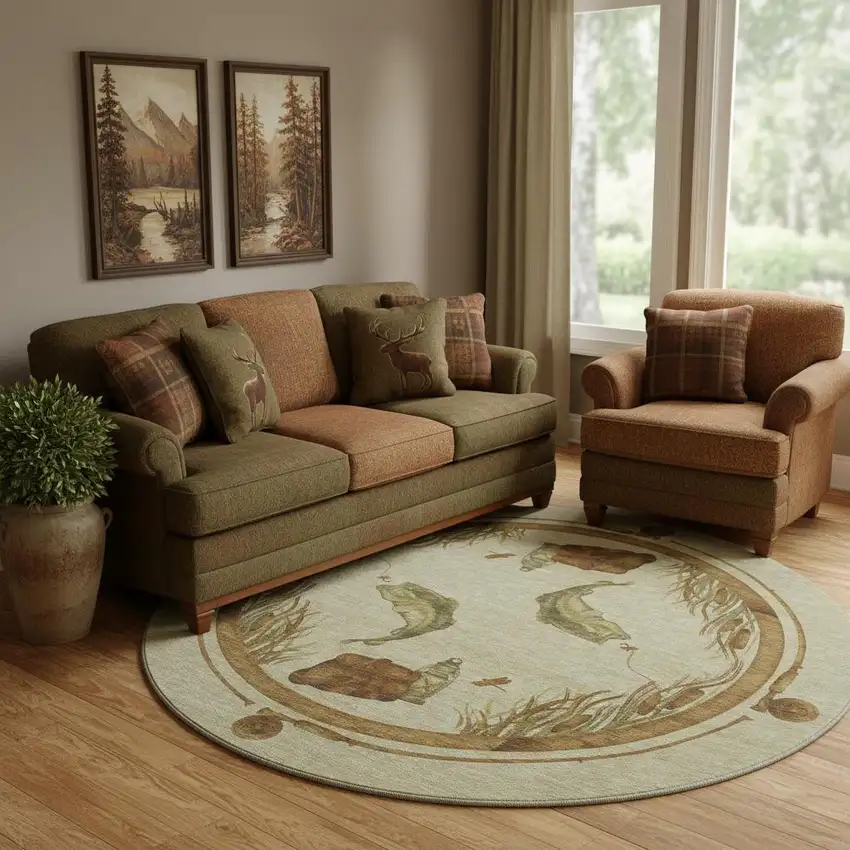 8' Khaki Beige And Green Nautical Washable Round Rug With UV Protection Photo 1