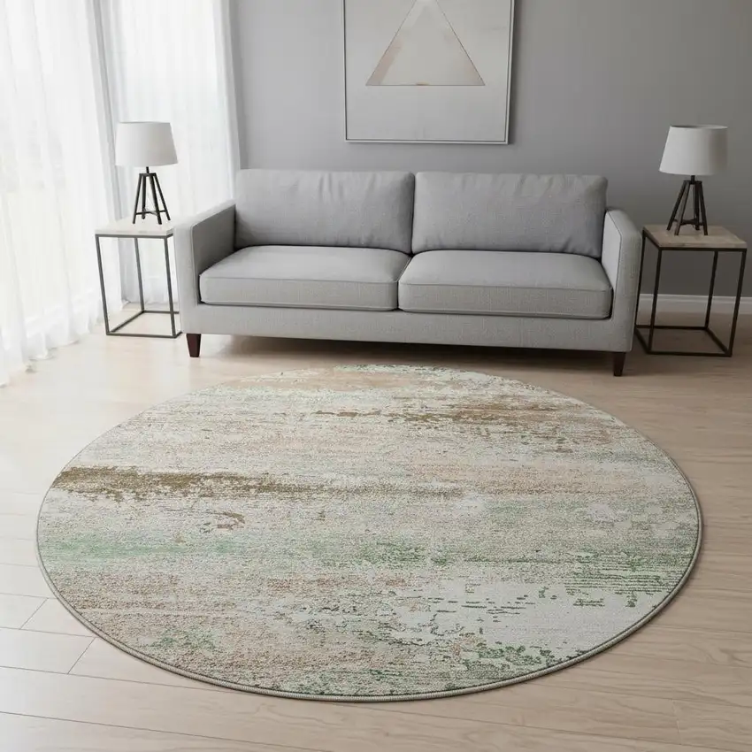 8' Khaki Beige And Ivory Abstract Washable Round Rug With UV Protection Photo 2