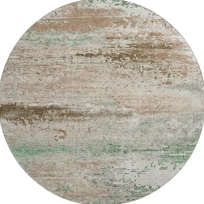 8' Khaki Beige And Ivory Abstract Washable Round Rug With UV Protection Photo 3