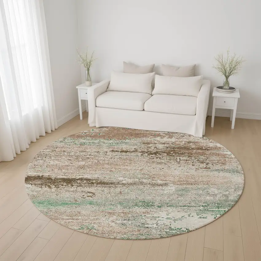8' Khaki Beige And Ivory Abstract Washable Round Rug With UV Protection Photo 4
