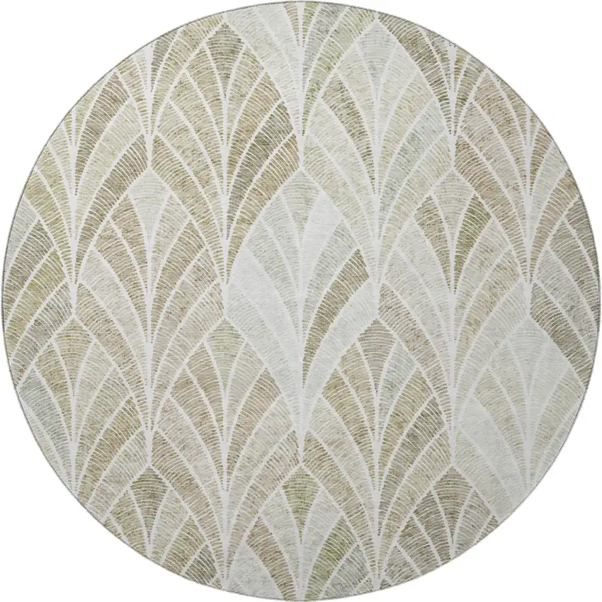 8' Khaki Beige And Ivory Geometric Washable Round Rug With UV Protection Photo 4