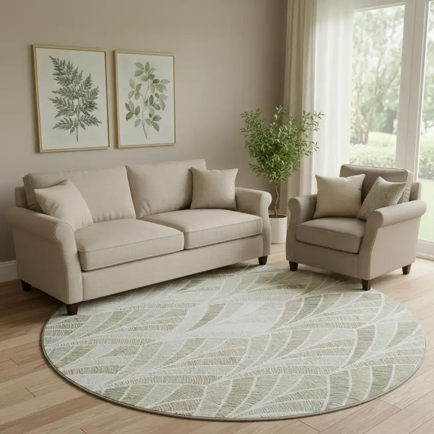 8' Khaki Beige And Ivory Geometric Washable Round Rug With UV Protection Photo 1