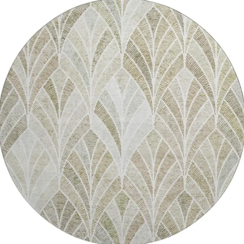 8' Khaki Beige And Ivory Geometric Washable Round Rug With UV Protection Photo 3