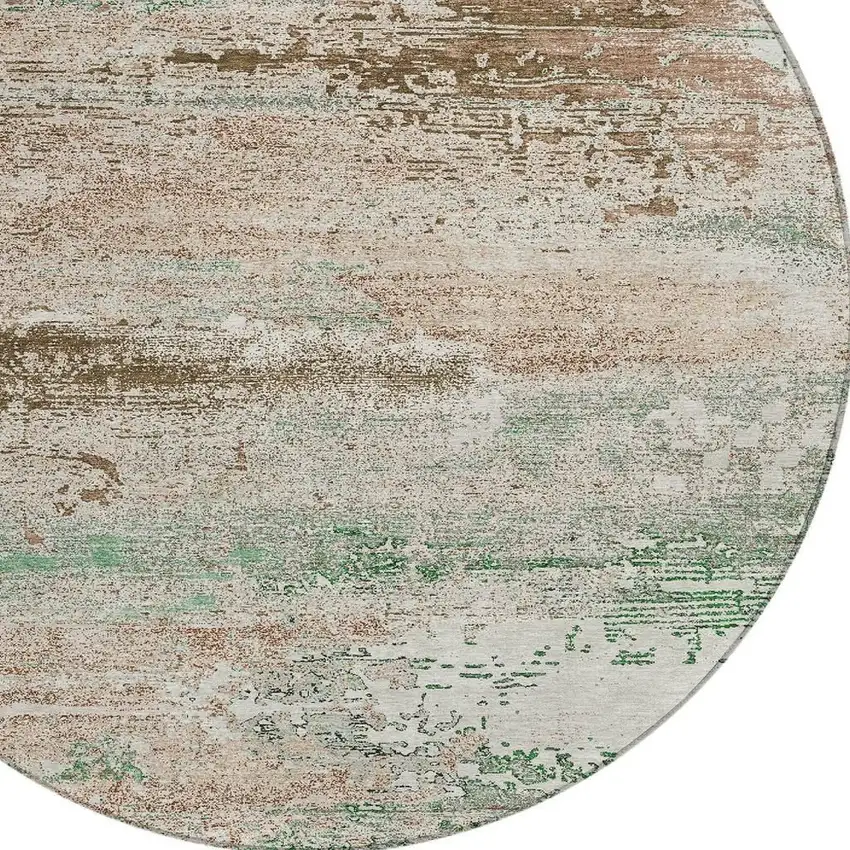 8' Khaki Beige And Ivory Round Abstract Washable Indoor Outdoor Area Rug Photo 4
