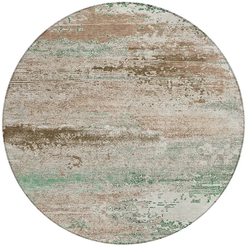 8' Khaki Beige And Ivory Round Abstract Washable Indoor Outdoor Area Rug Photo 3