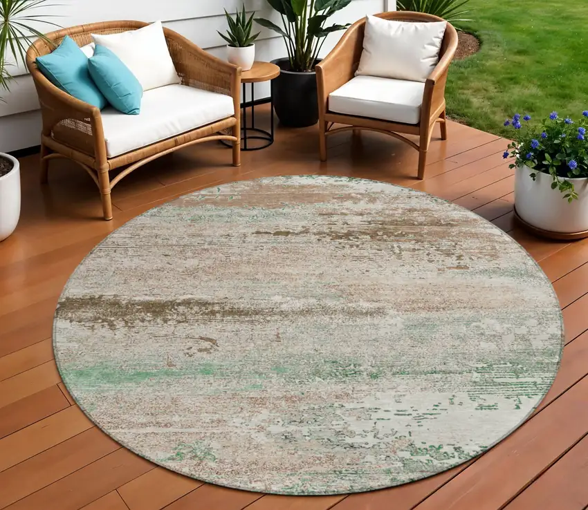 8' Khaki Beige And Ivory Round Abstract Washable Indoor Outdoor Area Rug Photo 2