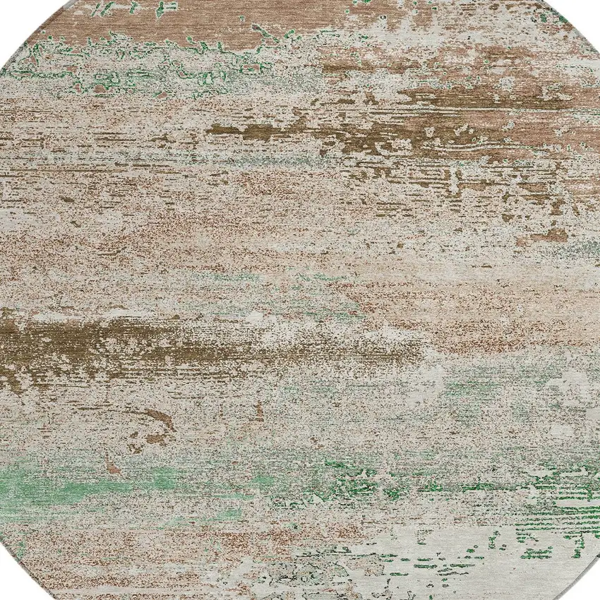 8' Khaki Beige And Ivory Round Abstract Washable Indoor Outdoor Area Rug Photo 8