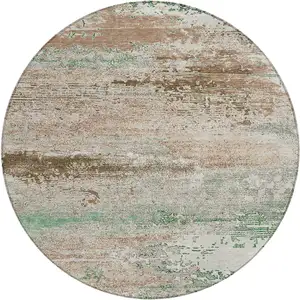Photo of 8' Khaki Beige And Ivory Round Abstract Washable Indoor Outdoor Area Rug