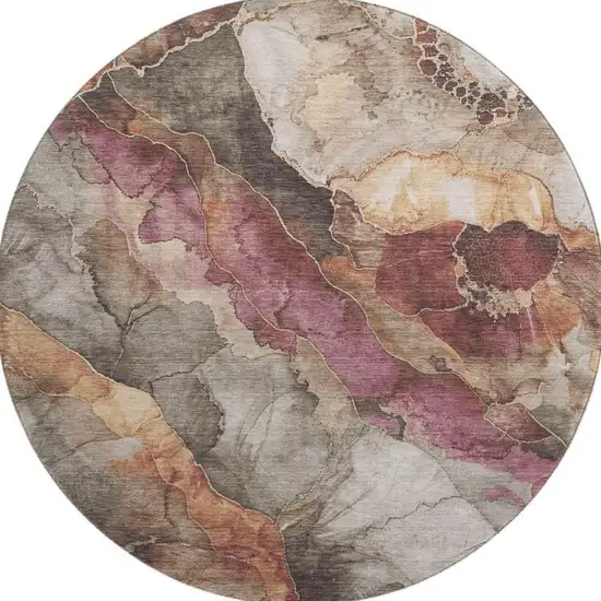 8' Khaki Beige And Mauve Floral Washable Round Rug With UV Protection Photo 2