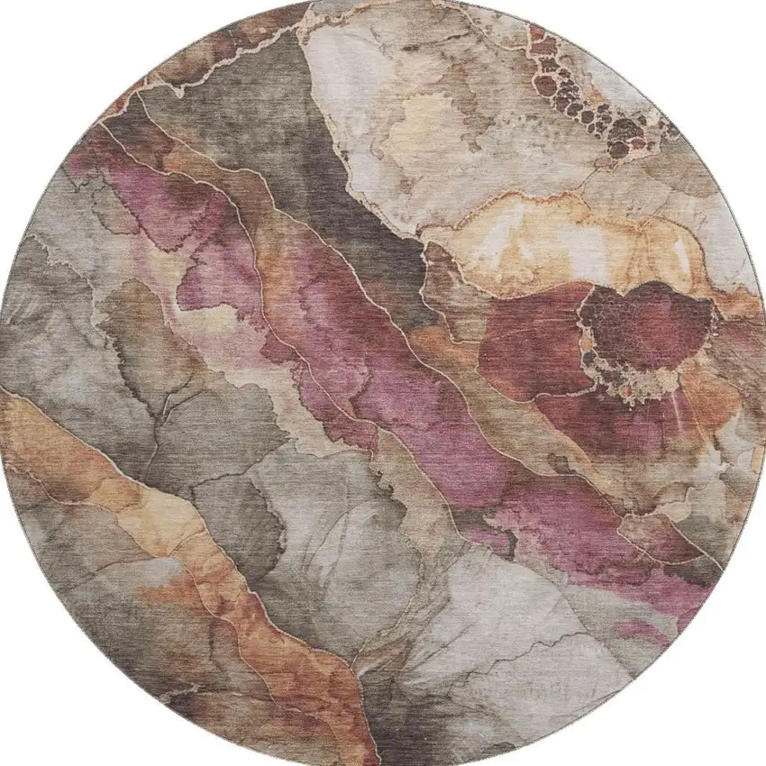 8' Khaki Beige And Mauve Floral Washable Round Rug With UV Protection Photo 2