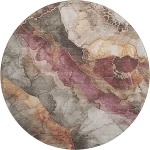 Photo of 8' Khaki Beige And Mauve Floral Washable Round Rug With UV Protection