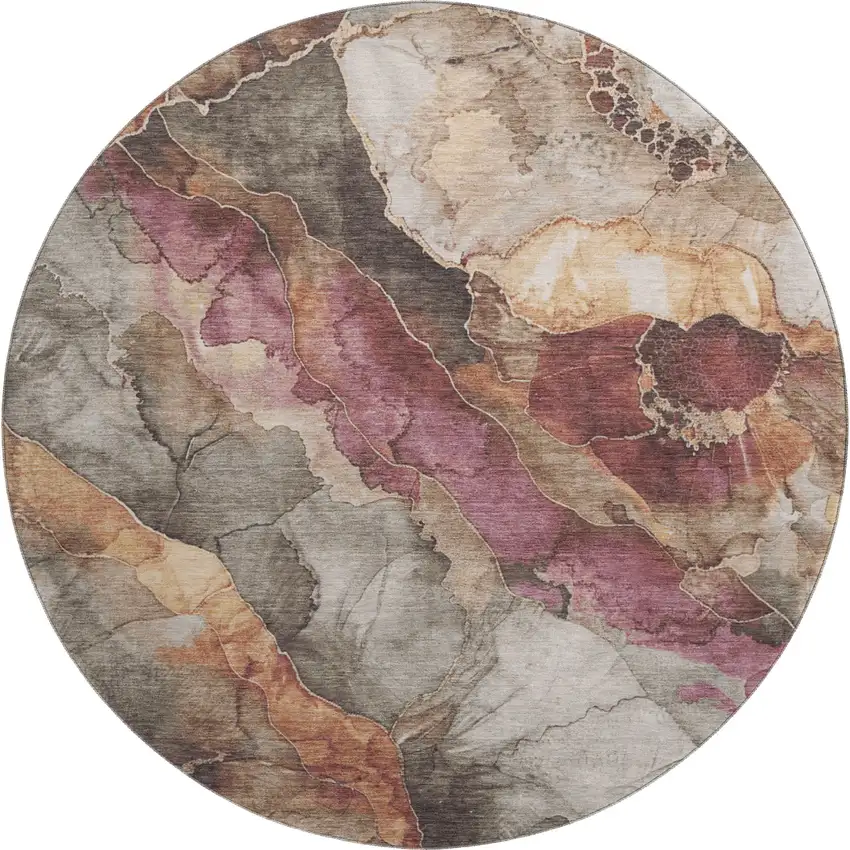 8' Khaki Beige And Mauve Floral Washable Round Rug With UV Protection Photo 1