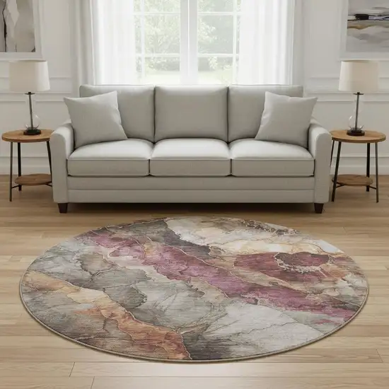 8' Khaki Beige And Mauve Floral Washable Round Rug With UV Protection Photo 2
