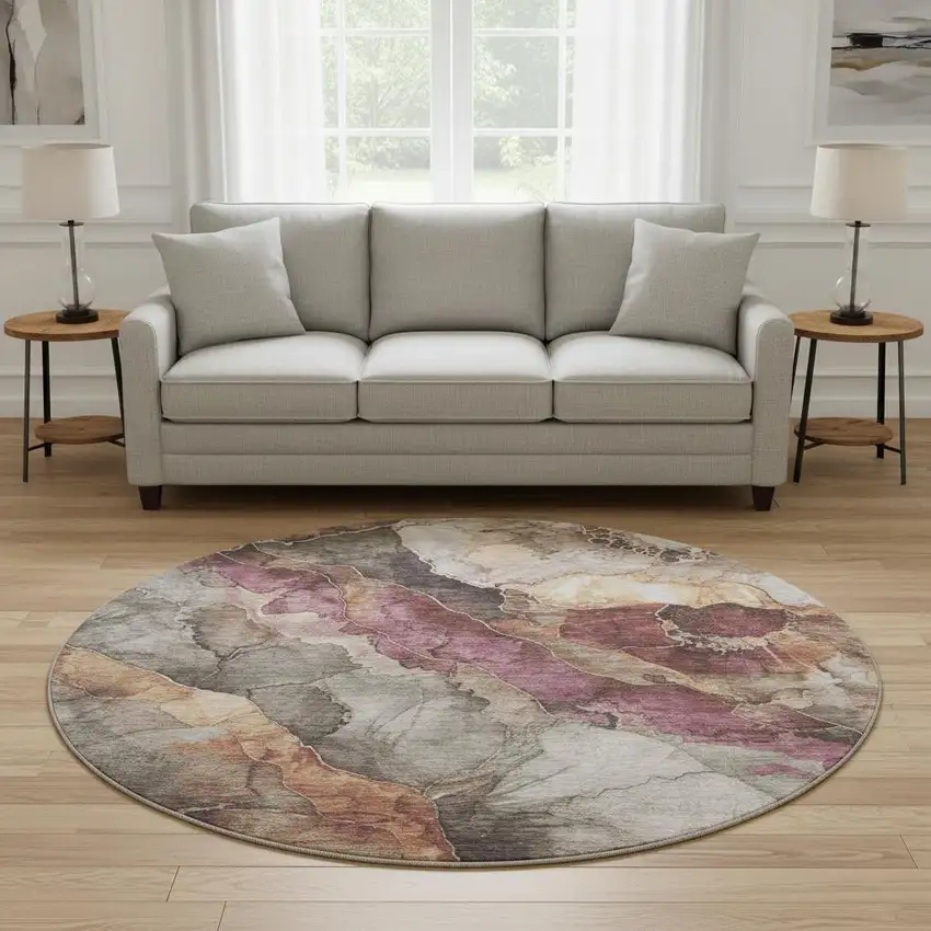 8' Khaki Beige And Mauve Floral Washable Round Rug With UV Protection Photo 2