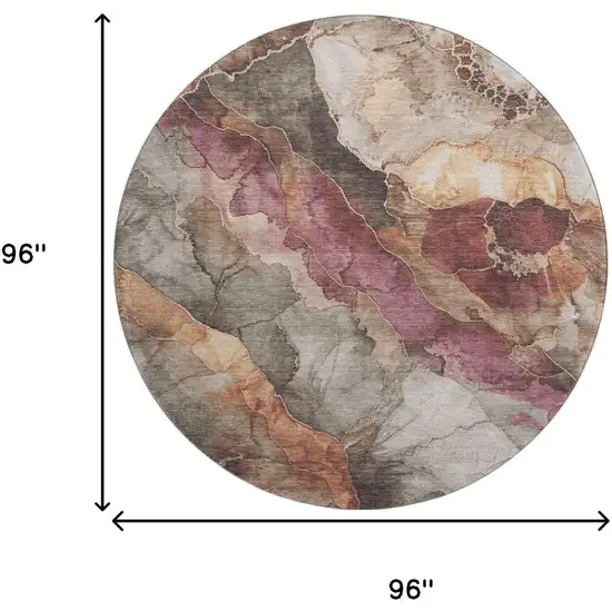 8' Khaki Beige And Mauve Floral Washable Round Rug With UV Protection Photo 8