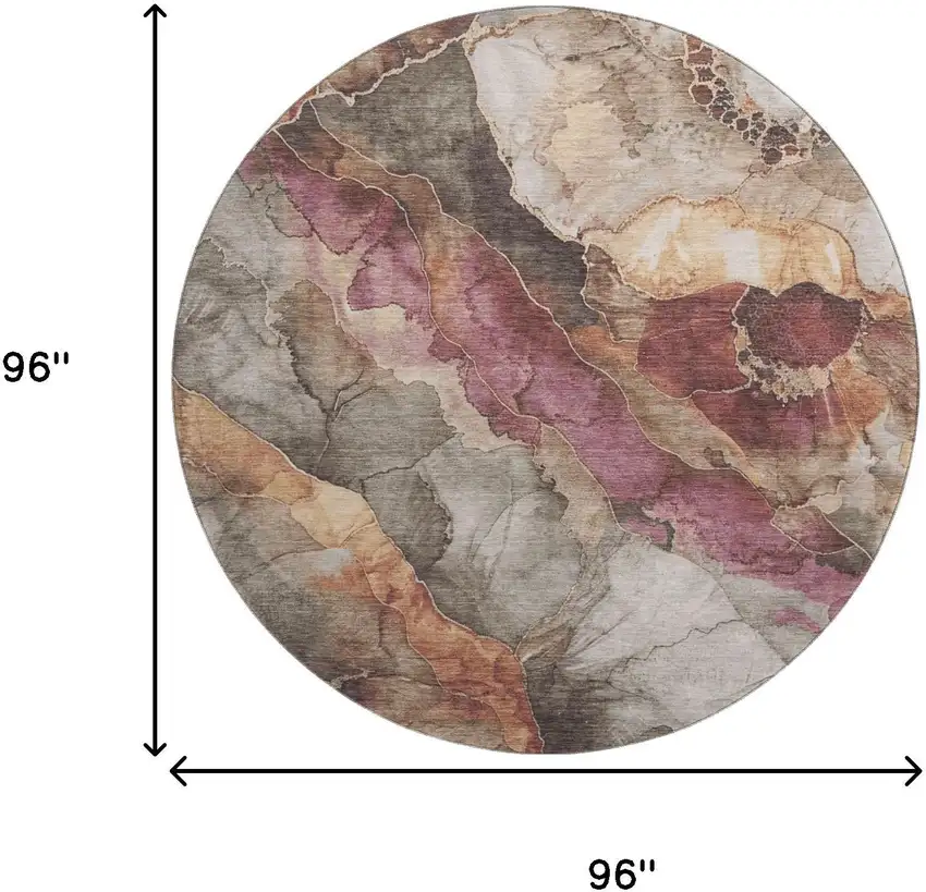 8' Khaki Beige And Mauve Floral Washable Round Rug With UV Protection Photo 8