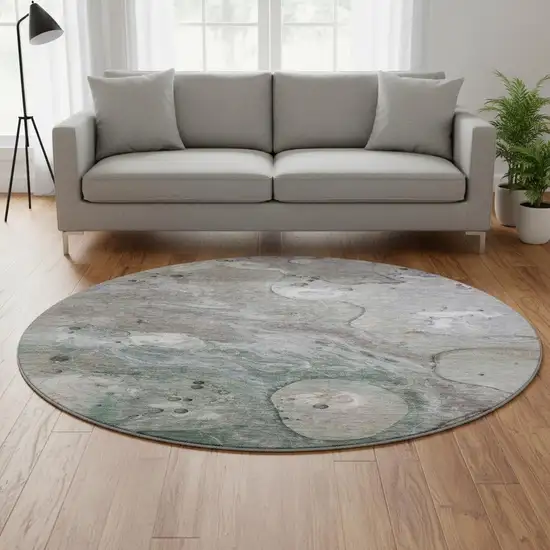 8' Khaki Beige And Purple Abstract Washable Round Rug With UV Protection Photo 2