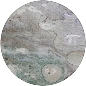 Photo of 8' Khaki Beige And Purple Round Abstract Washable Indoor Outdoor Area Rug