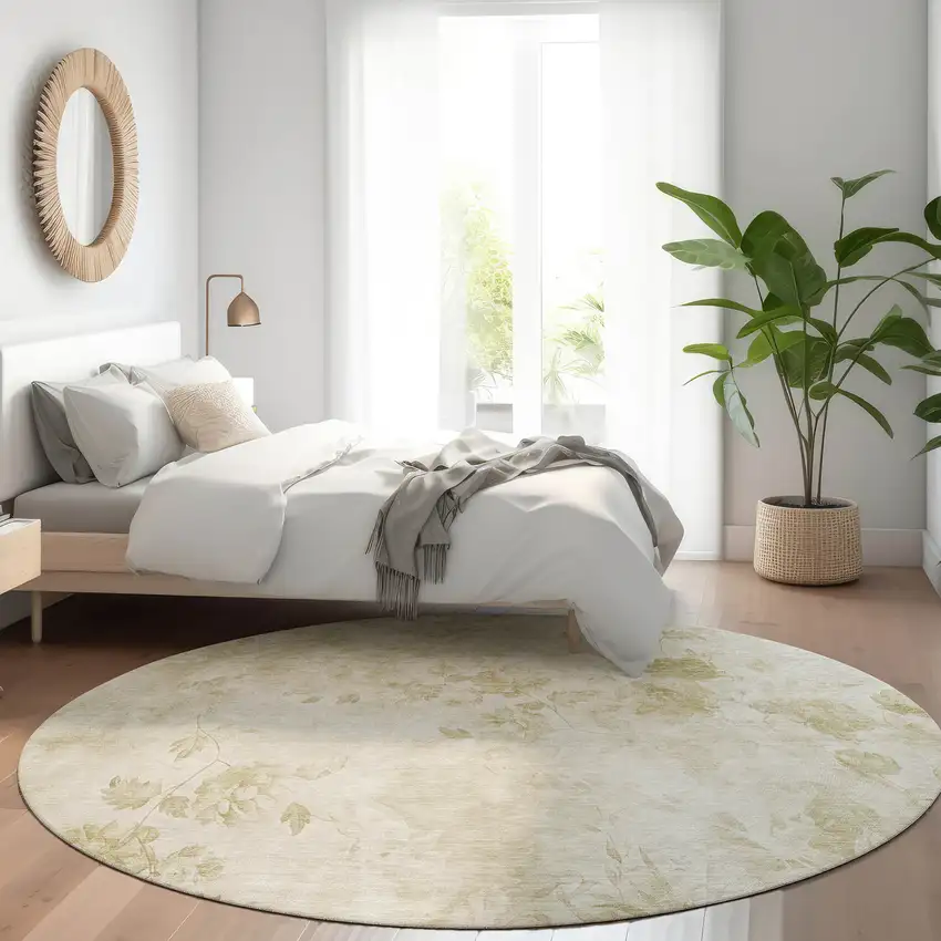 8' Khaki Beige And Tan Round Floral Washable Indoor Outdoor Area Rug Photo 7