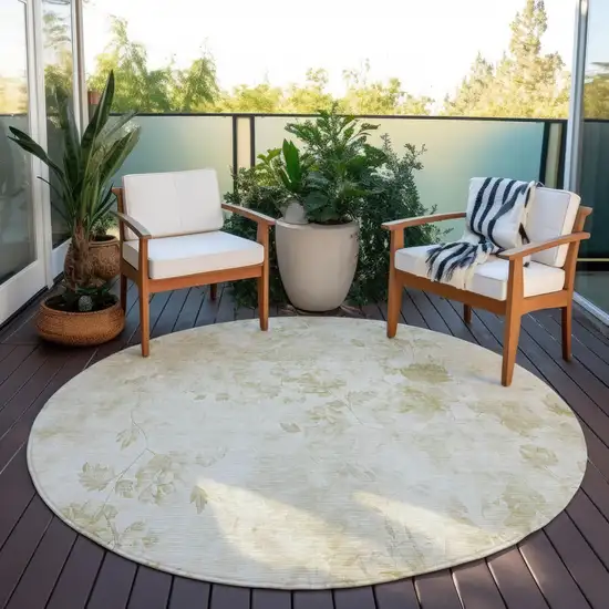 8' Khaki Beige And Tan Round Floral Washable Indoor Outdoor Area Rug Photo 6
