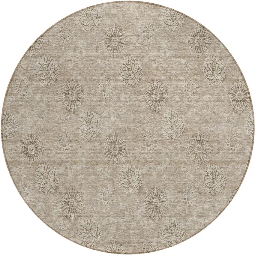 8' Khaki Beige And Tan Round Floral Washable Indoor Outdoor Area Rug Photo 2
