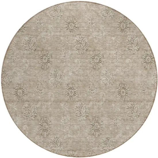 8' Khaki Beige And Tan Round Floral Washable Indoor Outdoor Area Rug Photo 2