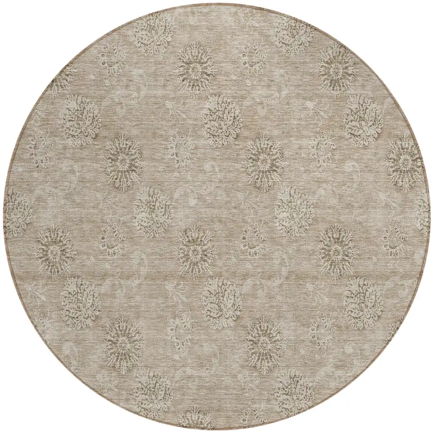 8' Khaki Beige And Tan Round Floral Washable Indoor Outdoor Area Rug Photo 2