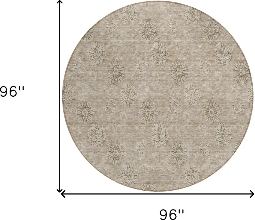 8' Khaki Beige And Tan Round Floral Washable Indoor Outdoor Area Rug Photo 3